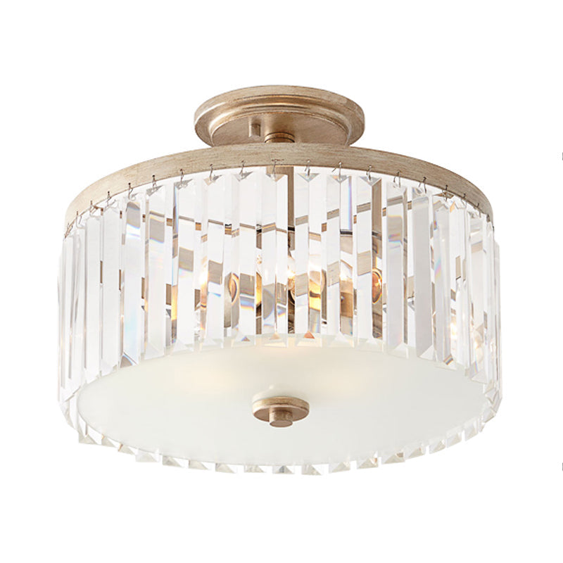 3 Lights Clear Crystal Block Ceiling Light Vintage Drum Bedroom Semi Flush Mounted Light Clearhalo 'Ceiling Lights' 'Chandeliers' 'Close To Ceiling Lights' 'Close to ceiling' 'Glass shade' 'Glass' 'Semi-flushmount' Lighting' 228447