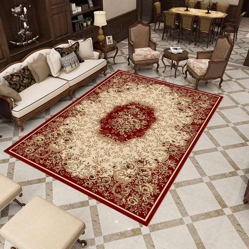 Multi-Color Living Room Rug Olden Floral Print Area Rug Polyster Non-Slip Machine Washable Carpet Crimson Clearhalo 'Area Rug' 'Rugs' 'Vintage' Rug' 2285978