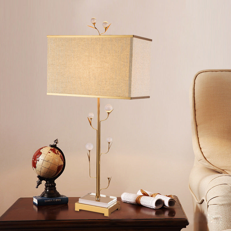 1 Light Rectangle Table Light Vintage Beige Fabric Night Lamp with Gold Rod and Crystal Ball Clearhalo 'Lamps' 'Table Lamps' Lighting' 228615