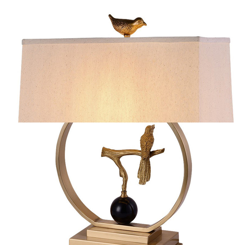 White 1 Light Table Light Vintage Fabric Rectangle Table Lamp with Gold Bird Design Clearhalo 'Lamps' 'Table Lamps' Lighting' 228633