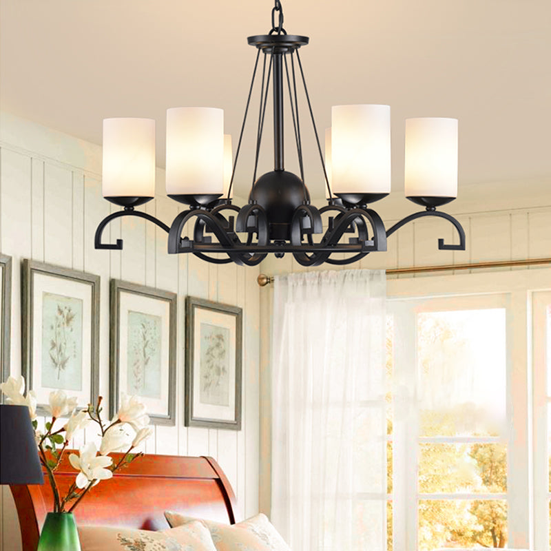 White Glass Cylinder Chandelier Light Fixture Rustic 6 Lights Bedroom Hanging Ceiling Light in Black Black Clearhalo 'Ceiling Lights' 'Chandeliers' 'Glass shade' 'Glass' 'Island Lights' Lighting' 228769