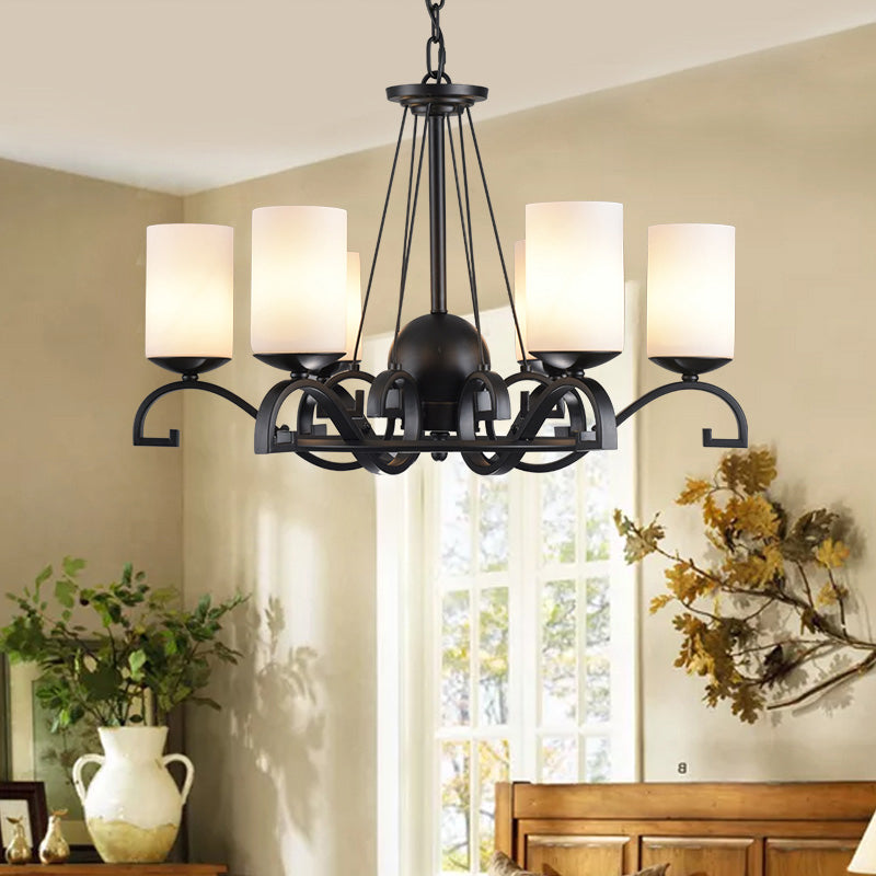 White Glass Cylinder Chandelier Light Fixture Rustic 6 Lights Bedroom Hanging Ceiling Light in Black Clearhalo 'Ceiling Lights' 'Chandeliers' 'Glass shade' 'Glass' 'Island Lights' Lighting' 228770