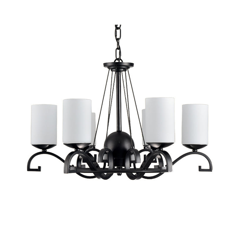 White Glass Cylinder Chandelier Light Fixture Rustic 6 Lights Bedroom Hanging Ceiling Light in Black Clearhalo 'Ceiling Lights' 'Chandeliers' 'Glass shade' 'Glass' 'Island Lights' Lighting' 228771