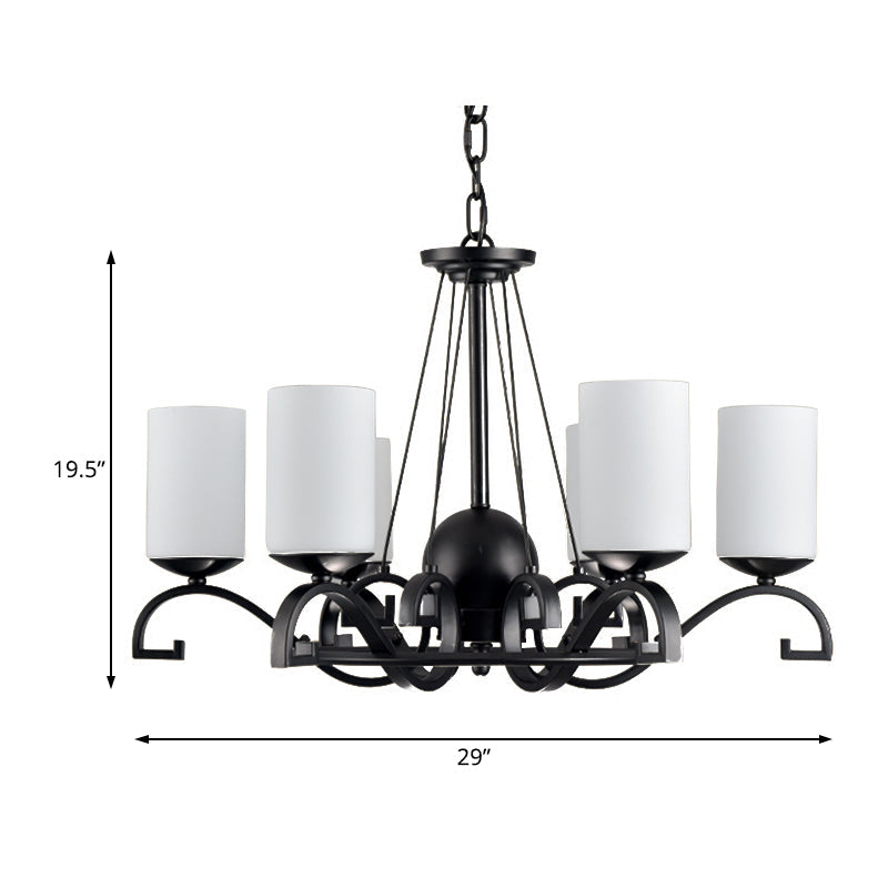 White Glass Cylinder Chandelier Light Fixture Rustic 6 Lights Bedroom Hanging Ceiling Light in Black Clearhalo 'Ceiling Lights' 'Chandeliers' 'Glass shade' 'Glass' 'Island Lights' Lighting' 228772