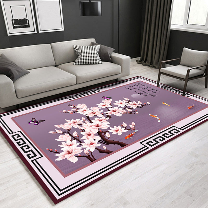 Chinoiserie Floral Printed Rug Multi Colored Synthetics Indoor Rug Anti-Slip Backing Easy Care Carpet for Parlor Purple Clearhalo 'Area Rug' 'Rug' 2288258