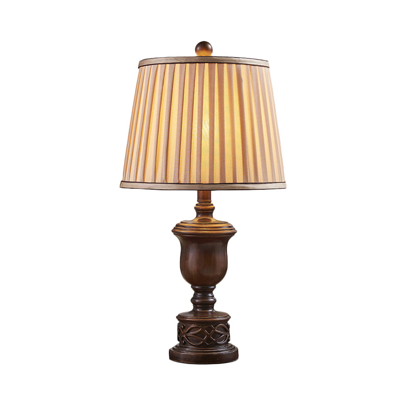 1 Light Table Lamp with Pleated Fabric Shade Antique Bedroom Nightstand Lamp with Brown Wooden Base Clearhalo 'Lamps' 'Table Lamps' Lighting' 228895