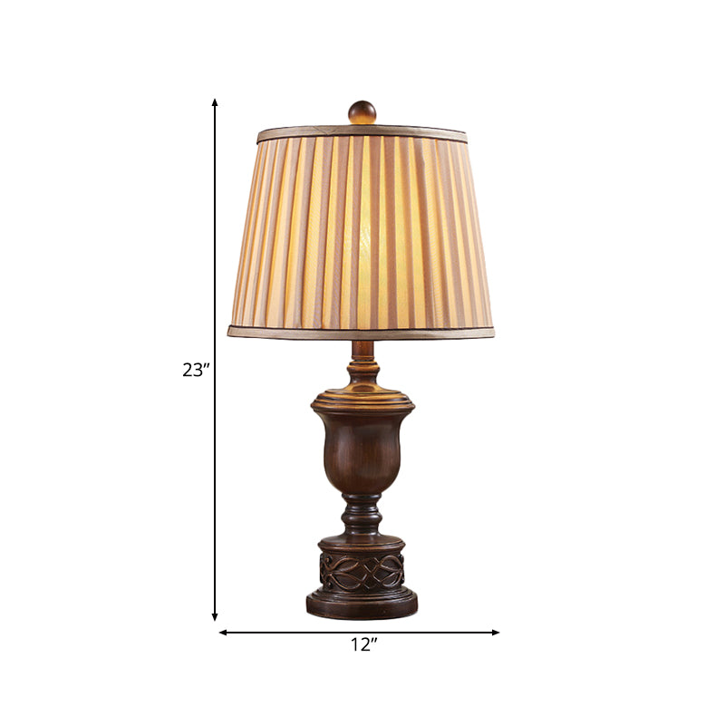 1 Light Table Lamp with Pleated Fabric Shade Antique Bedroom Nightstand Lamp with Brown Wooden Base Clearhalo 'Lamps' 'Table Lamps' Lighting' 228896