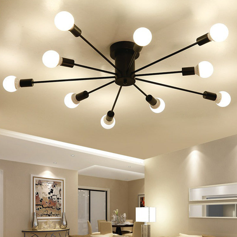 Bursting Flush Mount Light Fixture Loft Style Black Metal Semi Flush Ceiling Light for Living Room 10 Black Clearhalo 'Ceiling Lights' 'Close To Ceiling Lights' 'Close to ceiling' 'Semi-flushmount' Lighting' 2289666