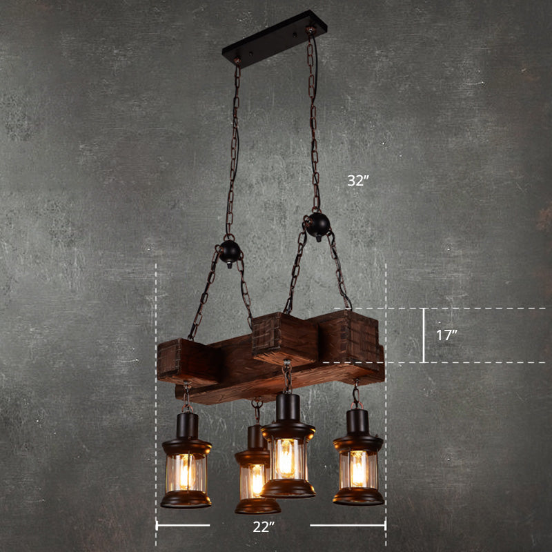 Wooden Brown Ceiling Light Lantern 6 Bulbs Rustic Hanging Island Lamp for Restaurant Brown Clearhalo 'Ceiling Lights' 'Island Lights' Lighting' 2289724