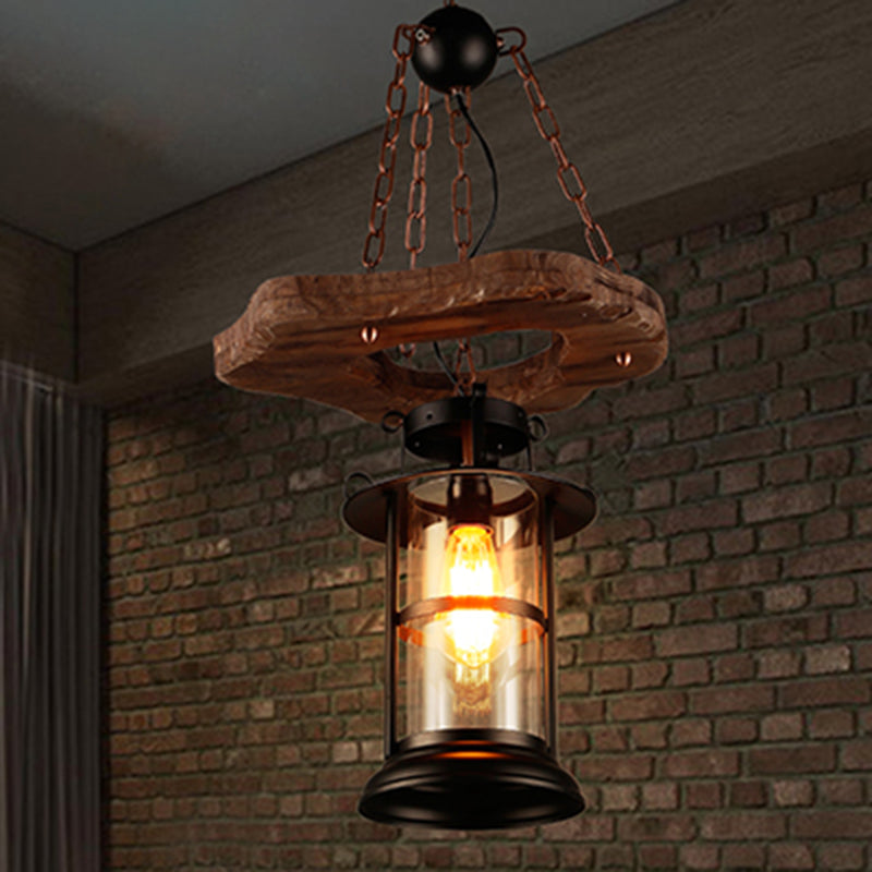 Wood 1-Head Pendant Light Coastal Clear Glass Cylindrical Hanging Ceiling Light for Restaurant Clearhalo 'Ceiling Lights' 'Industrial Pendants' 'Industrial' 'Middle Century Pendants' 'Pendant Lights' 'Pendants' 'Tiffany' Lighting' 2289741