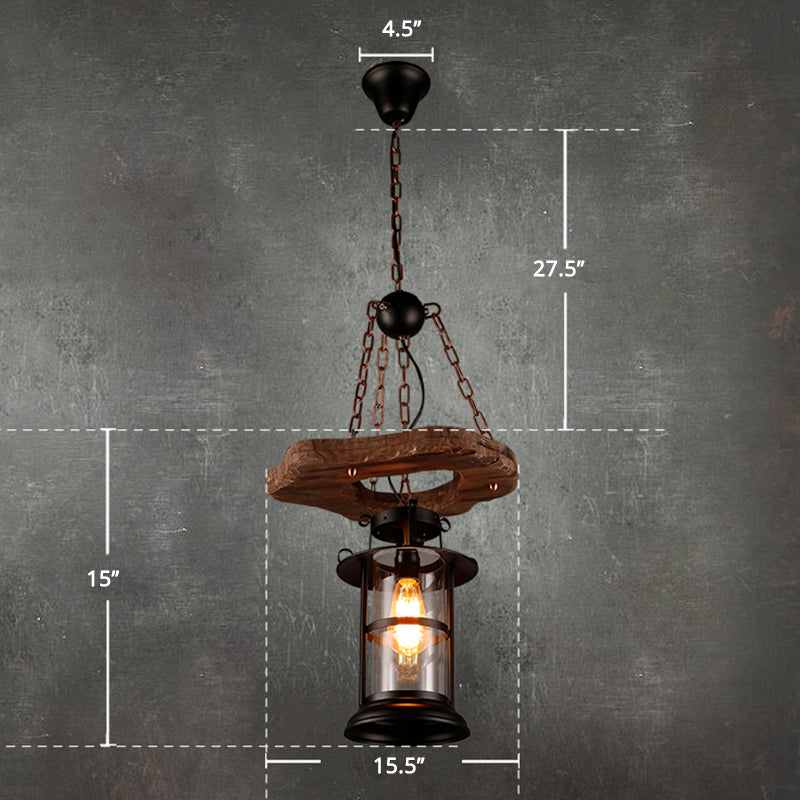 Wood 1-Head Pendant Light Coastal Clear Glass Cylindrical Hanging Ceiling Light for Restaurant Wood Clearhalo 'Ceiling Lights' 'Industrial Pendants' 'Industrial' 'Middle Century Pendants' 'Pendant Lights' 'Pendants' 'Tiffany' Lighting' 2289742