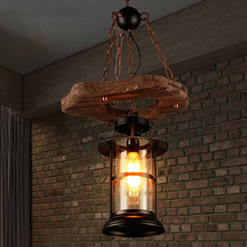 Wood 1-Head Pendant Light Coastal Clear Glass Cylindrical Hanging Ceiling Light for Restaurant Clearhalo 'Ceiling Lights' 'Industrial Pendants' 'Industrial' 'Middle Century Pendants' 'Pendant Lights' 'Pendants' 'Tiffany' Lighting' 2289743