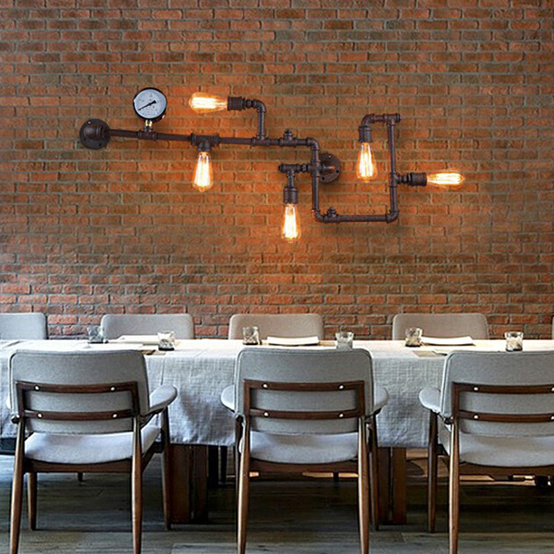 Piping Restaurant Wall Lighting Loft Metal 5 Lights Wall Lamp Fixture with Water Gauge Deco Rust Clearhalo 'Art deco wall lights' 'Cast Iron' 'Glass' 'Industrial wall lights' 'Industrial' 'Middle century wall lights' 'Modern' 'Rustic wall lights' 'Tiffany' 'Traditional wall lights' 'Wall Lamps & Sconces' 'Wall Lights' Lighting' 2289766