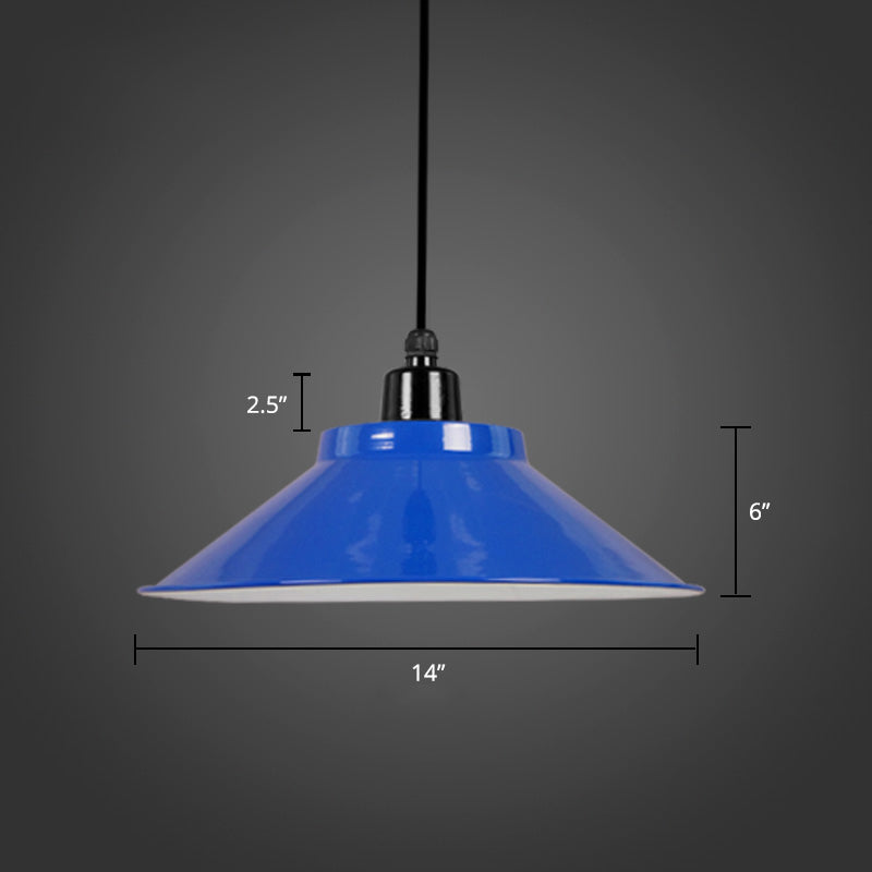 1-Light Ceiling Suspension Lamp Loft Conical Metal Hanging Light with Rolled Edge Blue 14