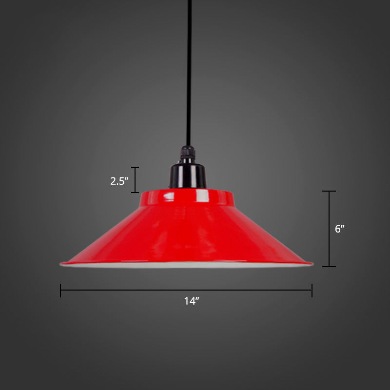 1-Light Ceiling Suspension Lamp Loft Conical Metal Hanging Light with Rolled Edge Red 14