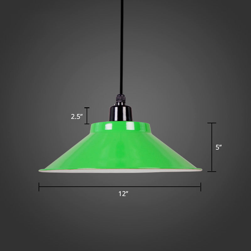 1-Light Ceiling Suspension Lamp Loft Conical Metal Hanging Light with Rolled Edge Green 12