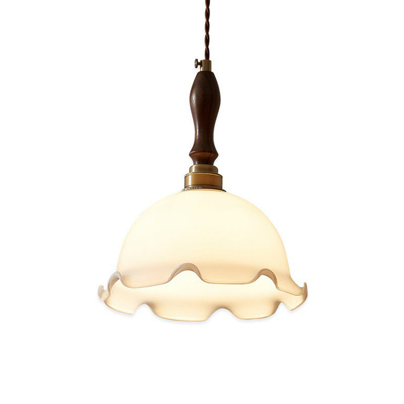 Ruffle Edge Cream Glass Suspension Lighting Retro Style 1��Head Dining Room Pendant Ceiling Light Clearhalo 'Ceiling Lights' 'Glass shade' 'Glass' 'Industrial Pendants' 'Industrial' 'Middle Century Pendants' 'Pendant Lights' 'Pendants' 'Tiffany' Lighting' 2290077