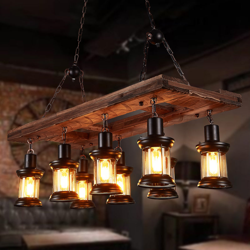 Wood 8-Light Island Ceiling Light Farmhouse Clear Glass Lantern Suspended Lighting Fixture Clearhalo 'Ceiling Lights' 'Island Lights' Lighting' 2290125