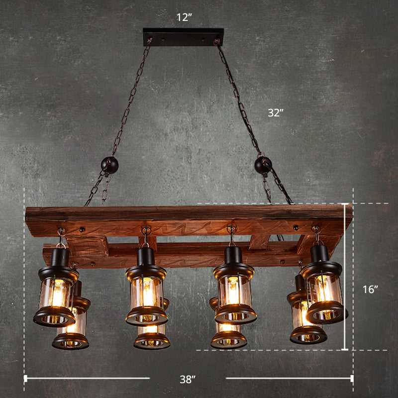 Wood 8-Light Island Ceiling Light Farmhouse Clear Glass Lantern Suspended Lighting Fixture Wood Clearhalo 'Ceiling Lights' 'Island Lights' Lighting' 2290126