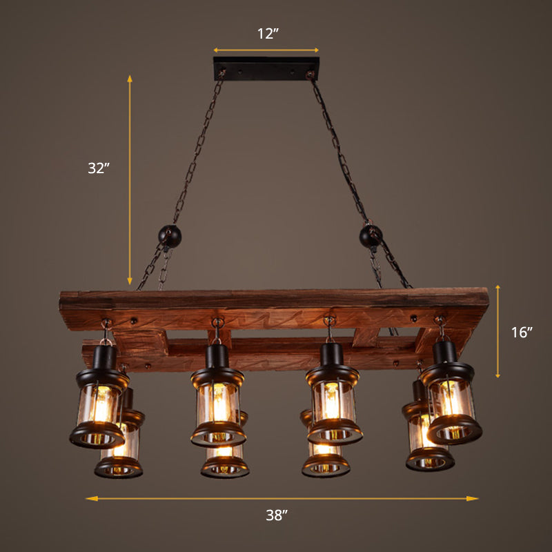 Wood 8-Light Island Ceiling Light Farmhouse Clear Glass Lantern Suspended Lighting Fixture Clearhalo 'Ceiling Lights' 'Island Lights' Lighting' 2290129