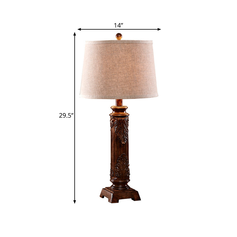 1 Light Resin Table Lamp Vintage Brown Carved Base Study Room Night Table Lamp with Tapered Fabric Shade Clearhalo 'Lamps' 'Table Lamps' Lighting' 229013