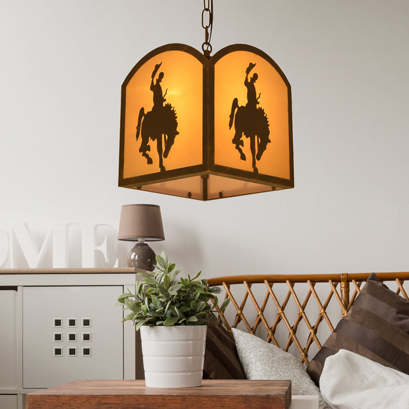 Square Pendant Lighting Metal Vintage 1 Bulb Restaurant Hanging Light Kit in Rust with Horse Pattern Clearhalo 'Ceiling Lights' 'Pendant Lights' 'Pendants' Lighting' 229017