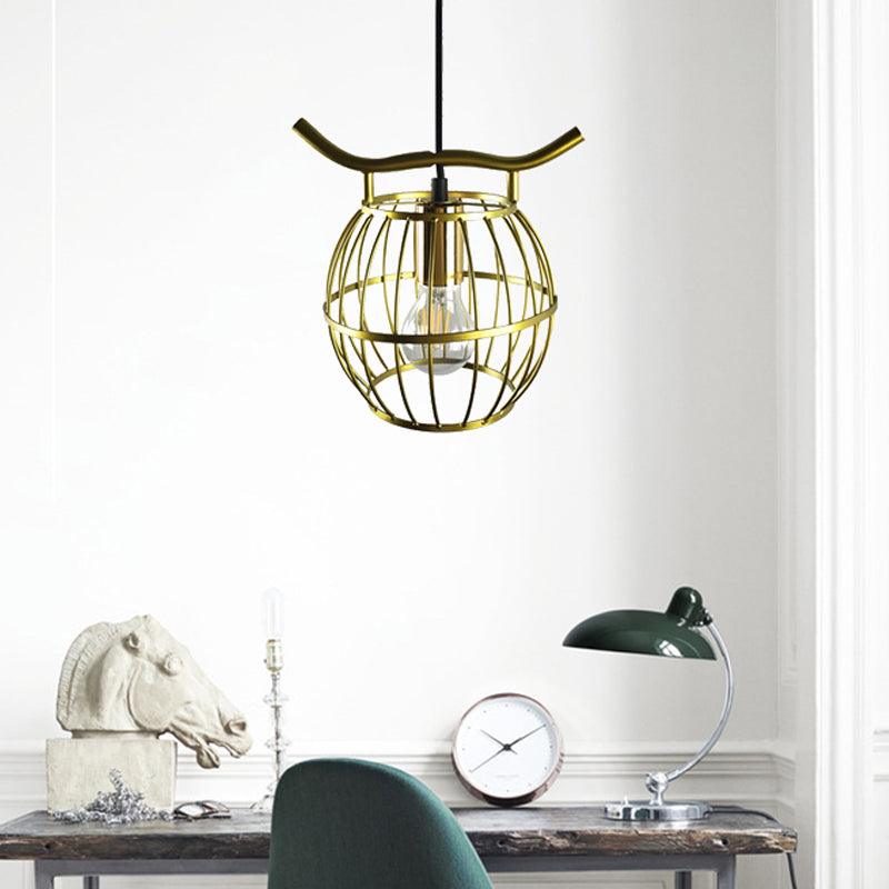 1 Light Metal Hanging Light Vintage Gold Orb Cage Stairway Pendant Light Fixture Clearhalo 'Ceiling Lights' 'Pendant Lights' 'Pendants' Lighting' 229035