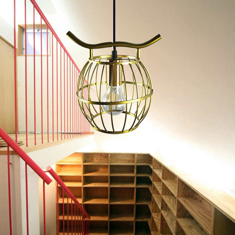 1 Light Metal Hanging Light Vintage Gold Orb Cage Stairway Pendant Light Fixture Clearhalo 'Ceiling Lights' 'Pendant Lights' 'Pendants' Lighting' 229036