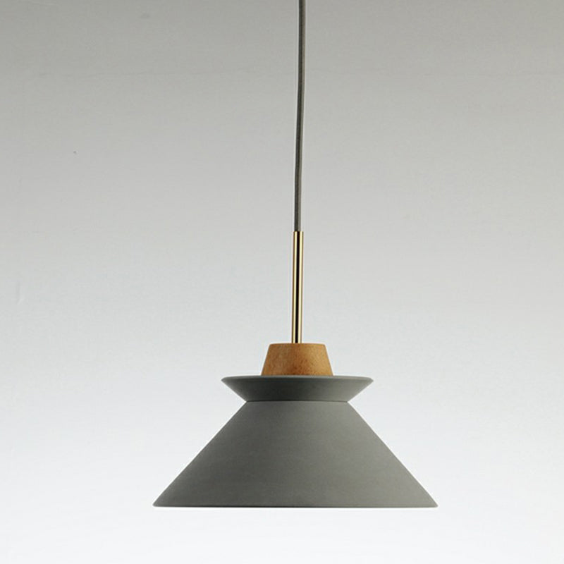 1 Head Dining Room Hanging Light Minimalist Wood Pendant with Conical Cement Shade Grey 10.5