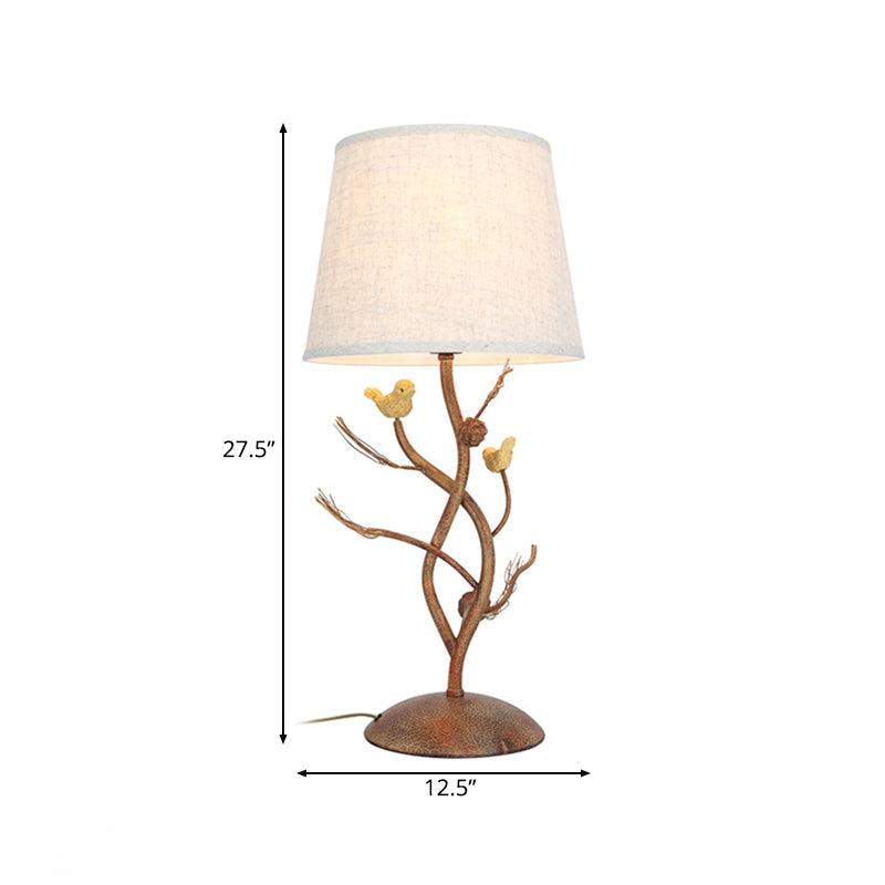 Drum Bedroom Night Table Lamp Country Style Fabric 1 Light Beige Desk Light with Tree and Bird Clearhalo 'Lamps' 'Table Lamps' Lighting' 229163