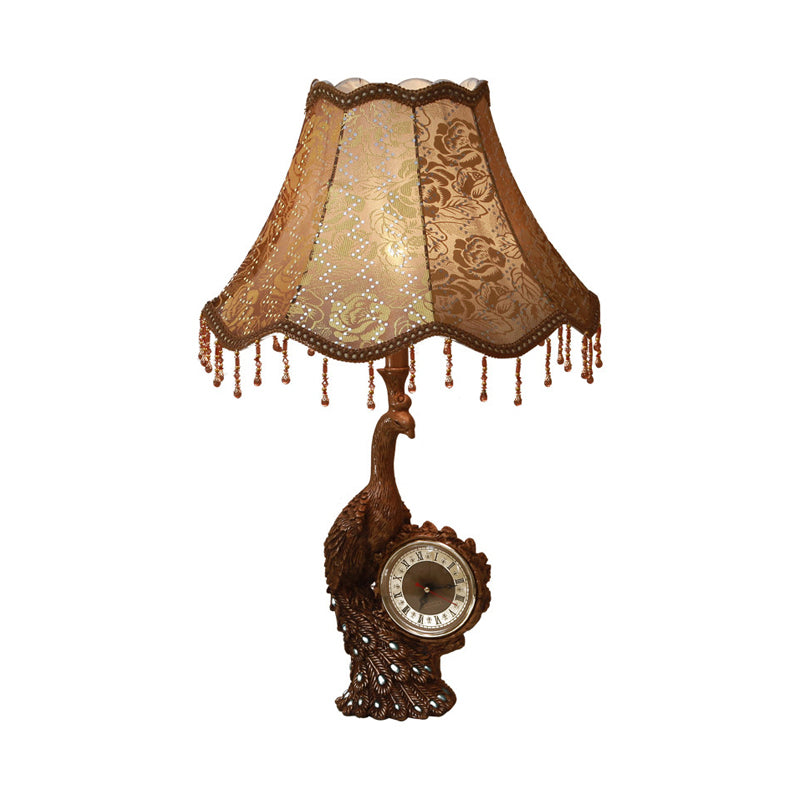 Rustic Bell Standing Desk Lamp 1 Light Printing Fabric Table Light in Tan with Peacock and Clock Clearhalo 'Lamps' 'Table Lamps' Lighting' 229183