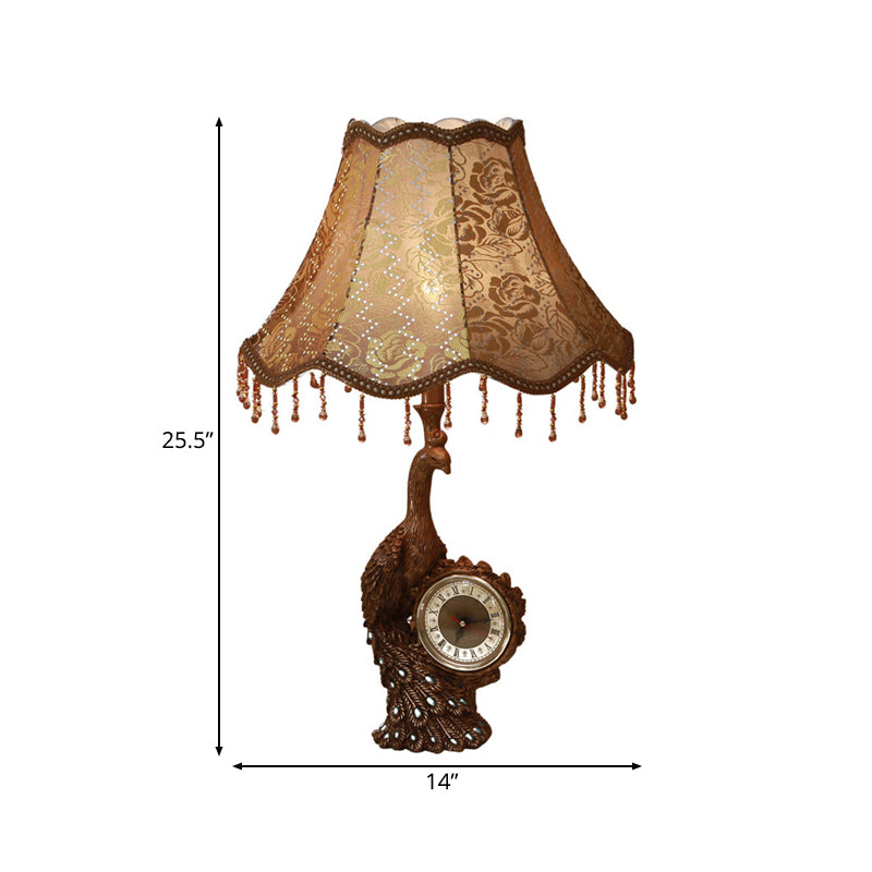 Rustic Bell Standing Desk Lamp 1 Light Printing Fabric Table Light in Tan with Peacock and Clock Clearhalo 'Lamps' 'Table Lamps' Lighting' 229184