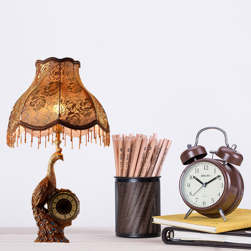 Classic Scalloped Table Light 1 Light Fabric Task Lighting in Brown/Gold for Bedroom with Peacock and Clock Brown Clearhalo 'Lamps' 'Table Lamps' Lighting' 229185