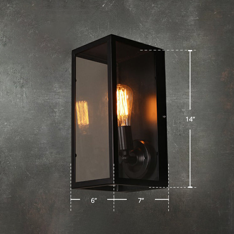 Clear Glass Rectangular Box Wall Lamp Simplicity 1 Head Corridor Wall Light Fixture in Black Black Clearhalo 'Art deco wall lights' 'Cast Iron' 'Glass' 'Industrial wall lights' 'Industrial' 'Middle century wall lights' 'Modern' 'Rustic wall lights' 'Tiffany' 'Traditional wall lights' 'Wall Lamps & Sconces' 'Wall Lights' Lighting' 2293511