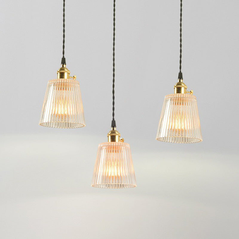 Tapered Clear Ribbed Glass Hanging Light Simplicity 1��Bulb Restaurant Pendant Light Fixture Clearhalo 'Ceiling Lights' 'Glass shade' 'Glass' 'Industrial Pendants' 'Industrial' 'Middle Century Pendants' 'Pendant Lights' 'Pendants' 'Tiffany' Lighting' 2293535