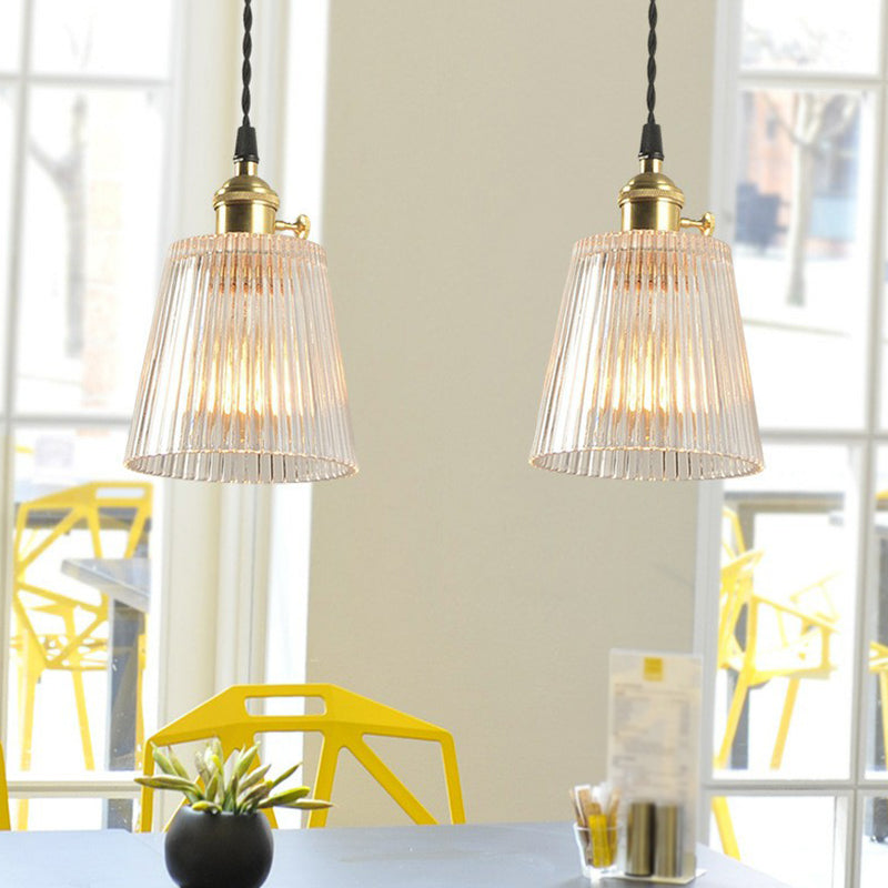 Tapered Clear Ribbed Glass Hanging Light Simplicity 1��Bulb Restaurant Pendant Light Fixture Clearhalo 'Ceiling Lights' 'Glass shade' 'Glass' 'Industrial Pendants' 'Industrial' 'Middle Century Pendants' 'Pendant Lights' 'Pendants' 'Tiffany' Lighting' 2293537