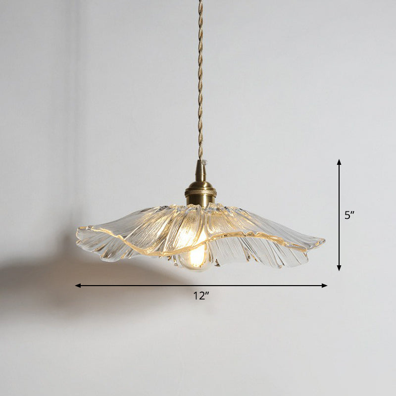 1-Light Pendant Light Antique Floral Shade Ruffle Glass Hanging Light Fixture in Brass Brass A Clearhalo 'Ceiling Lights' 'Glass shade' 'Glass' 'Industrial Pendants' 'Industrial' 'Middle Century Pendants' 'Pendant Lights' 'Pendants' 'Tiffany' Lighting' 2293584