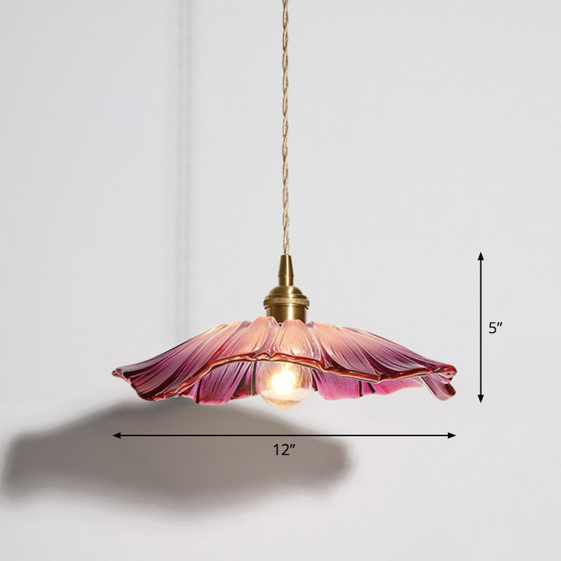 1-Light Pendant Light Antique Floral Shade Ruffle Glass Hanging Light Fixture in Brass Brass B Clearhalo 'Ceiling Lights' 'Glass shade' 'Glass' 'Industrial Pendants' 'Industrial' 'Middle Century Pendants' 'Pendant Lights' 'Pendants' 'Tiffany' Lighting' 2293585