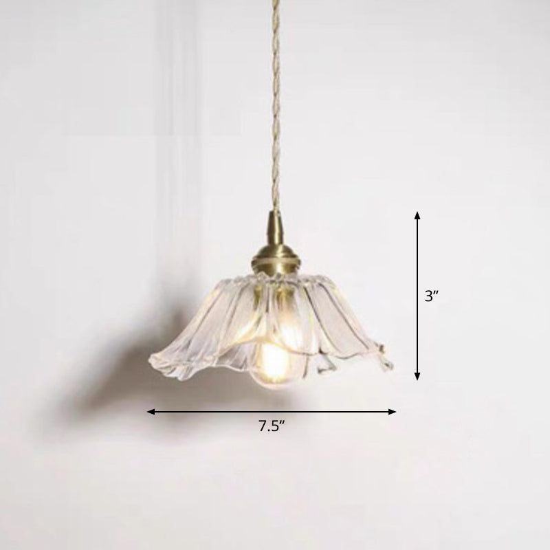 1-Light Pendant Light Antique Floral Shade Ruffle Glass Hanging Light Fixture in Brass Brass C Clearhalo 'Ceiling Lights' 'Glass shade' 'Glass' 'Industrial Pendants' 'Industrial' 'Middle Century Pendants' 'Pendant Lights' 'Pendants' 'Tiffany' Lighting' 2293587