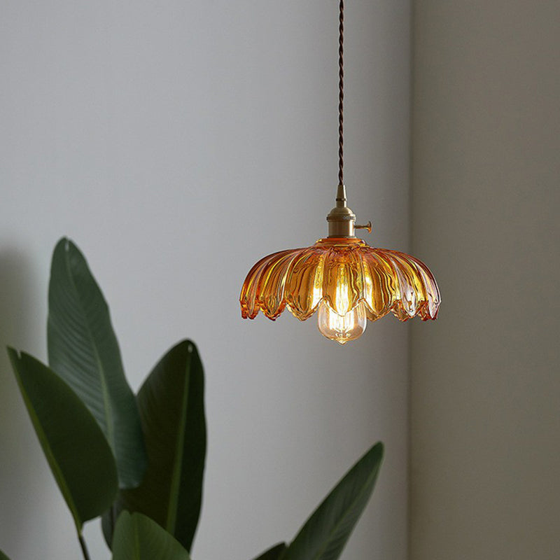 Scalloped Glass Flower Ceiling Light Industrial Single Dining Room Hanging Pendant Light Clearhalo 'Ceiling Lights' 'Glass shade' 'Glass' 'Industrial Pendants' 'Industrial' 'Middle Century Pendants' 'Pendant Lights' 'Pendants' 'Tiffany' Lighting' 2293598