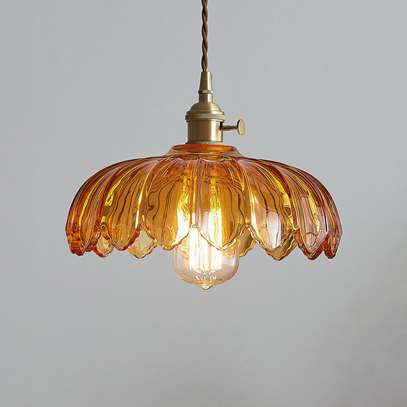 Scalloped Glass Flower Ceiling Light Industrial Single Dining Room Hanging Pendant Light Clearhalo 'Ceiling Lights' 'Glass shade' 'Glass' 'Industrial Pendants' 'Industrial' 'Middle Century Pendants' 'Pendant Lights' 'Pendants' 'Tiffany' Lighting' 2293599