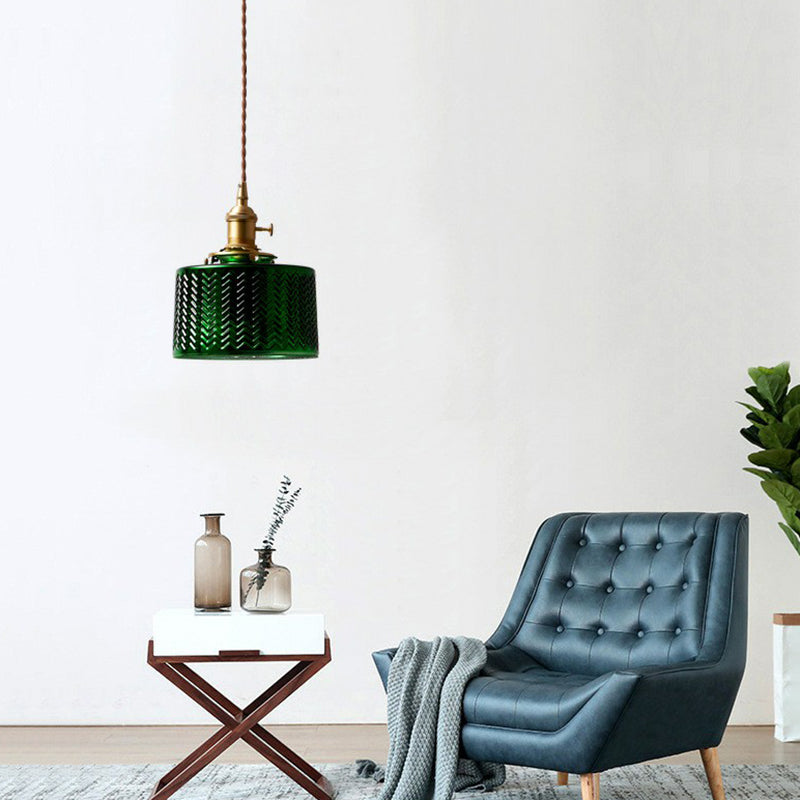 Antique Drum Shade Pendant Light 1-Light Green Ripple Glass Hanging Light Fixture Green Clearhalo 'Ceiling Lights' 'Glass shade' 'Glass' 'Industrial Pendants' 'Industrial' 'Middle Century Pendants' 'Pendant Lights' 'Pendants' 'Tiffany' Lighting' 2293610