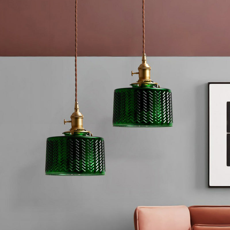 Antique Drum Shade Pendant Light 1-Light Green Ripple Glass Hanging Light Fixture Clearhalo 'Ceiling Lights' 'Glass shade' 'Glass' 'Industrial Pendants' 'Industrial' 'Middle Century Pendants' 'Pendant Lights' 'Pendants' 'Tiffany' Lighting' 2293611