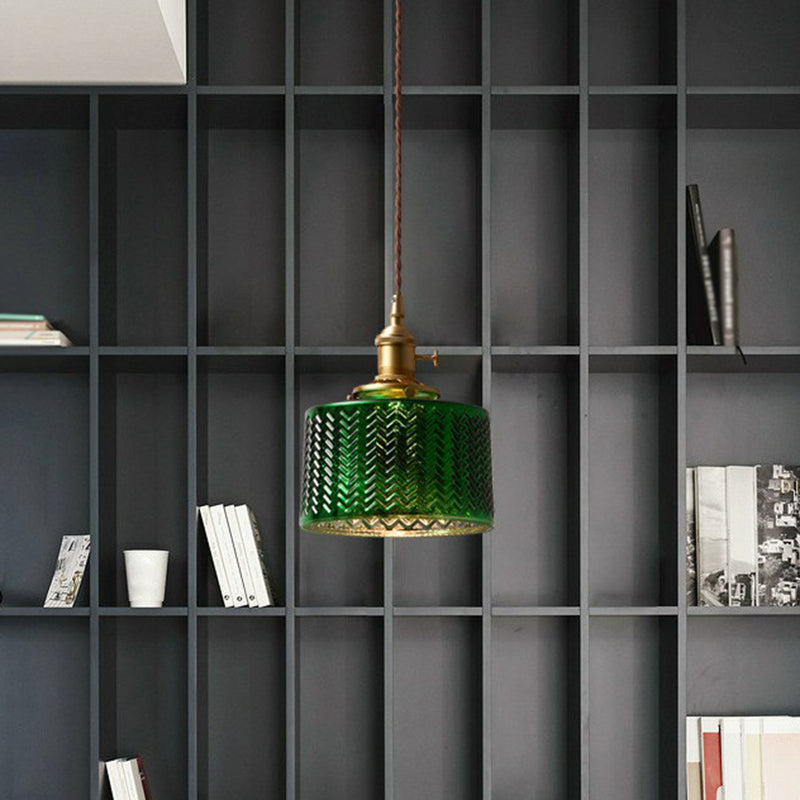 Antique Drum Shade Pendant Light 1-Light Green Ripple Glass Hanging Light Fixture Clearhalo 'Ceiling Lights' 'Glass shade' 'Glass' 'Industrial Pendants' 'Industrial' 'Middle Century Pendants' 'Pendant Lights' 'Pendants' 'Tiffany' Lighting' 2293612