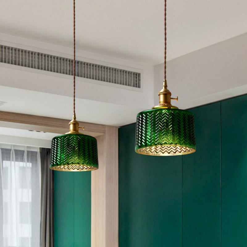 Antique Drum Shade Pendant Light 1-Light Green Ripple Glass Hanging Light Fixture Clearhalo 'Ceiling Lights' 'Glass shade' 'Glass' 'Industrial Pendants' 'Industrial' 'Middle Century Pendants' 'Pendant Lights' 'Pendants' 'Tiffany' Lighting' 2293613