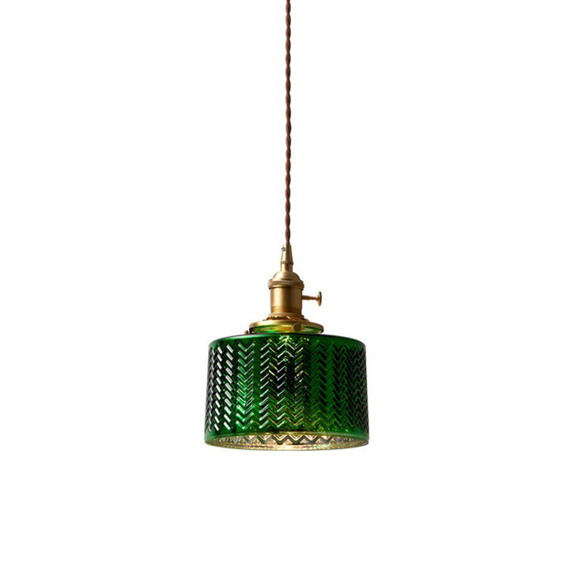 Antique Drum Shade Pendant Light 1-Light Green Ripple Glass Hanging Light Fixture Clearhalo 'Ceiling Lights' 'Glass shade' 'Glass' 'Industrial Pendants' 'Industrial' 'Middle Century Pendants' 'Pendant Lights' 'Pendants' 'Tiffany' Lighting' 2293614