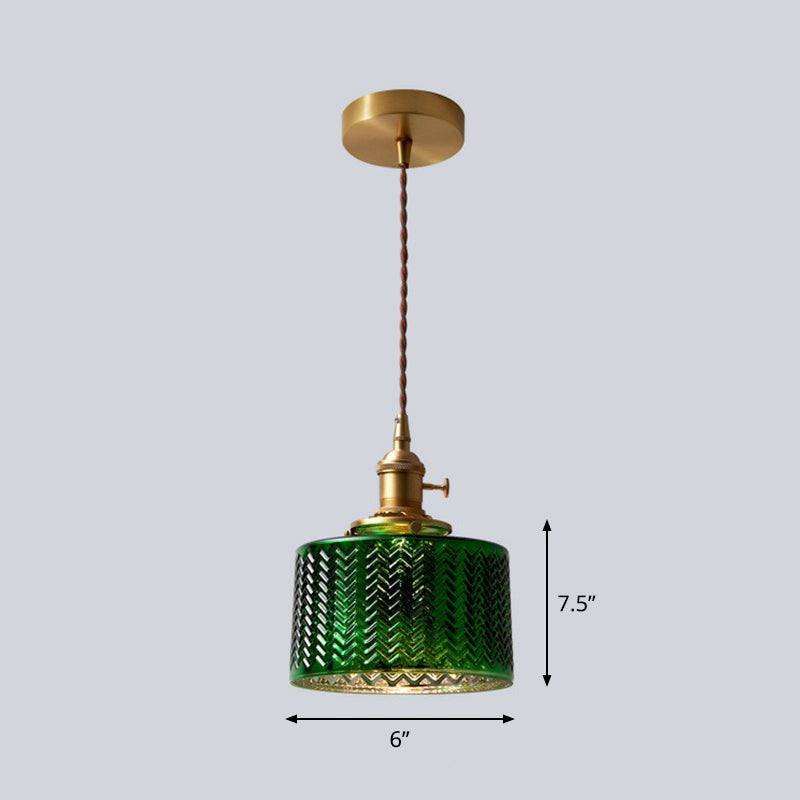 Antique Drum Shade Pendant Light 1-Light Green Ripple Glass Hanging Light Fixture Clearhalo 'Ceiling Lights' 'Glass shade' 'Glass' 'Industrial Pendants' 'Industrial' 'Middle Century Pendants' 'Pendant Lights' 'Pendants' 'Tiffany' Lighting' 2293615