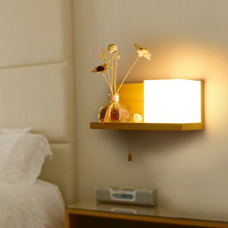 Milk Glass Cube Wall Sconce Lighting Nordic 1-Bulb Wood Shelf Wall Light with Pull Chain Clearhalo 'Modern wall lights' 'Modern' 'Wall Lamps & Sconces' 'Wall Lights' Lighting' 2293621