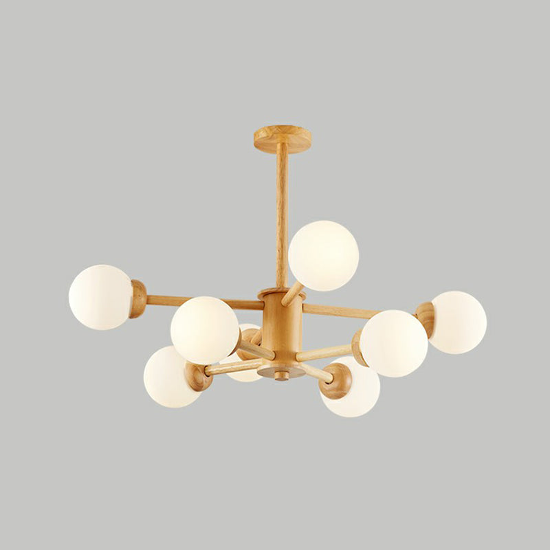 Wood Sputnik Chandelier Nordic White Ball Glass Ceiling Pendant Light for Living Room 8 Wood Clearhalo 'Carpenter Chandeliers' 'Ceiling Lights' 'Chandeliers' 'Industrial' 'Modern Chandeliers' 'Modern' Lighting' 2293688