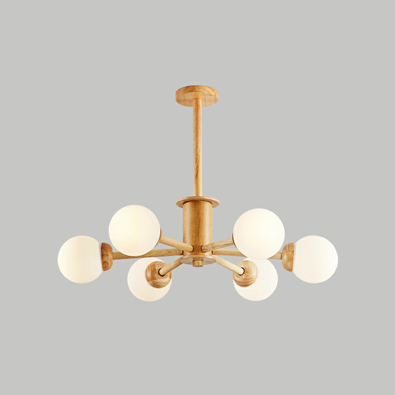 Wood Sputnik Chandelier Nordic White Ball Glass Ceiling Pendant Light for Living Room 6 Wood Clearhalo 'Carpenter Chandeliers' 'Ceiling Lights' 'Chandeliers' 'Industrial' 'Modern Chandeliers' 'Modern' Lighting' 2293690